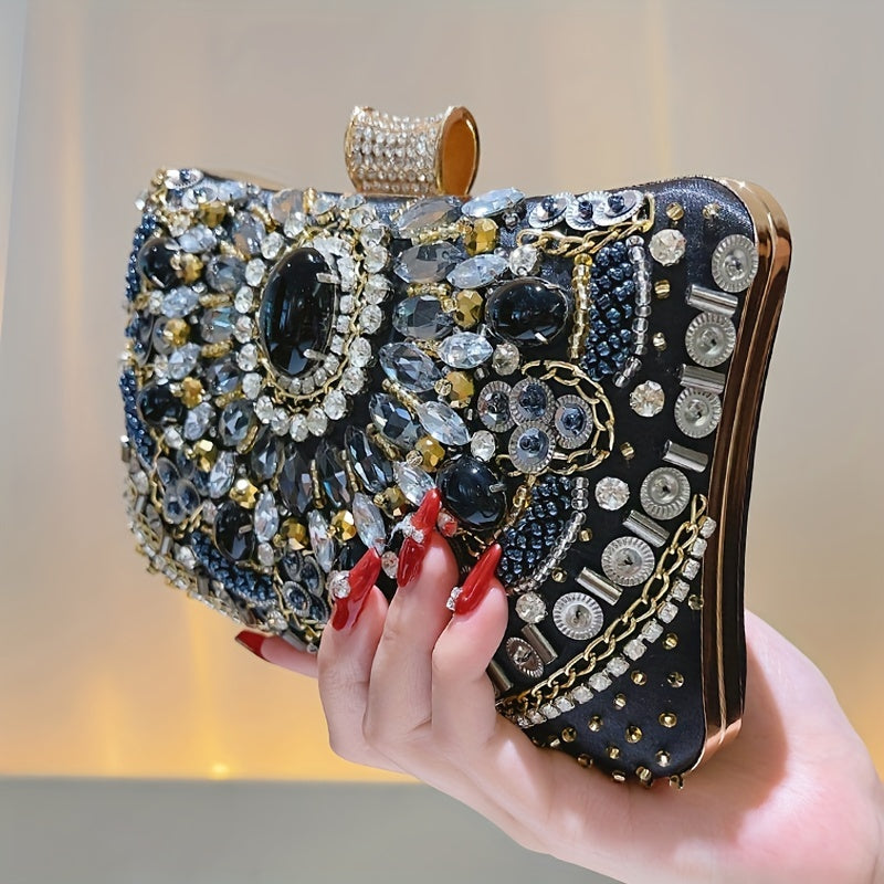[One Beaded Rhinestone Evening Bag] Beaded Rhinestone Evening Bag, Elegant Box Clutch Purse, Women's Wedding Handbags For Party Prom