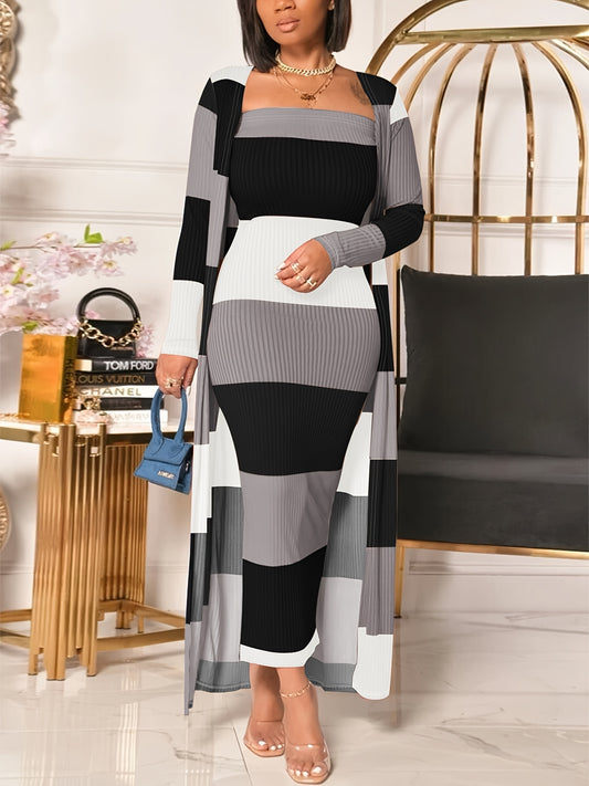 Stripe Print Two-piece Dress Set, Sleeveless Tube Dress & Open Front Long Sleeve Cardigan Outfits, Women's Clothing