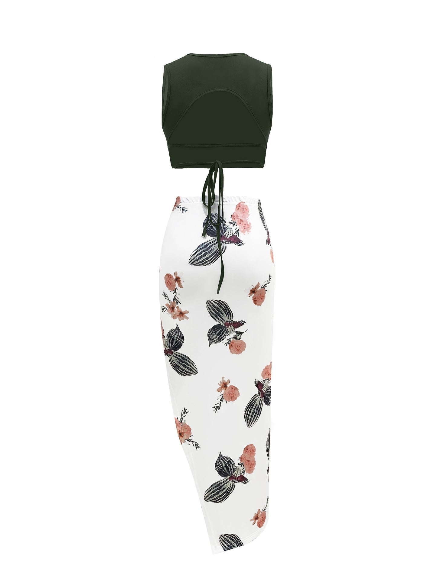 Casual Spring & Summer Two-piece Set, Solid Slim Cropped Tops & Floral Print Split Thigh Skirts Outfits, Women's Clothing