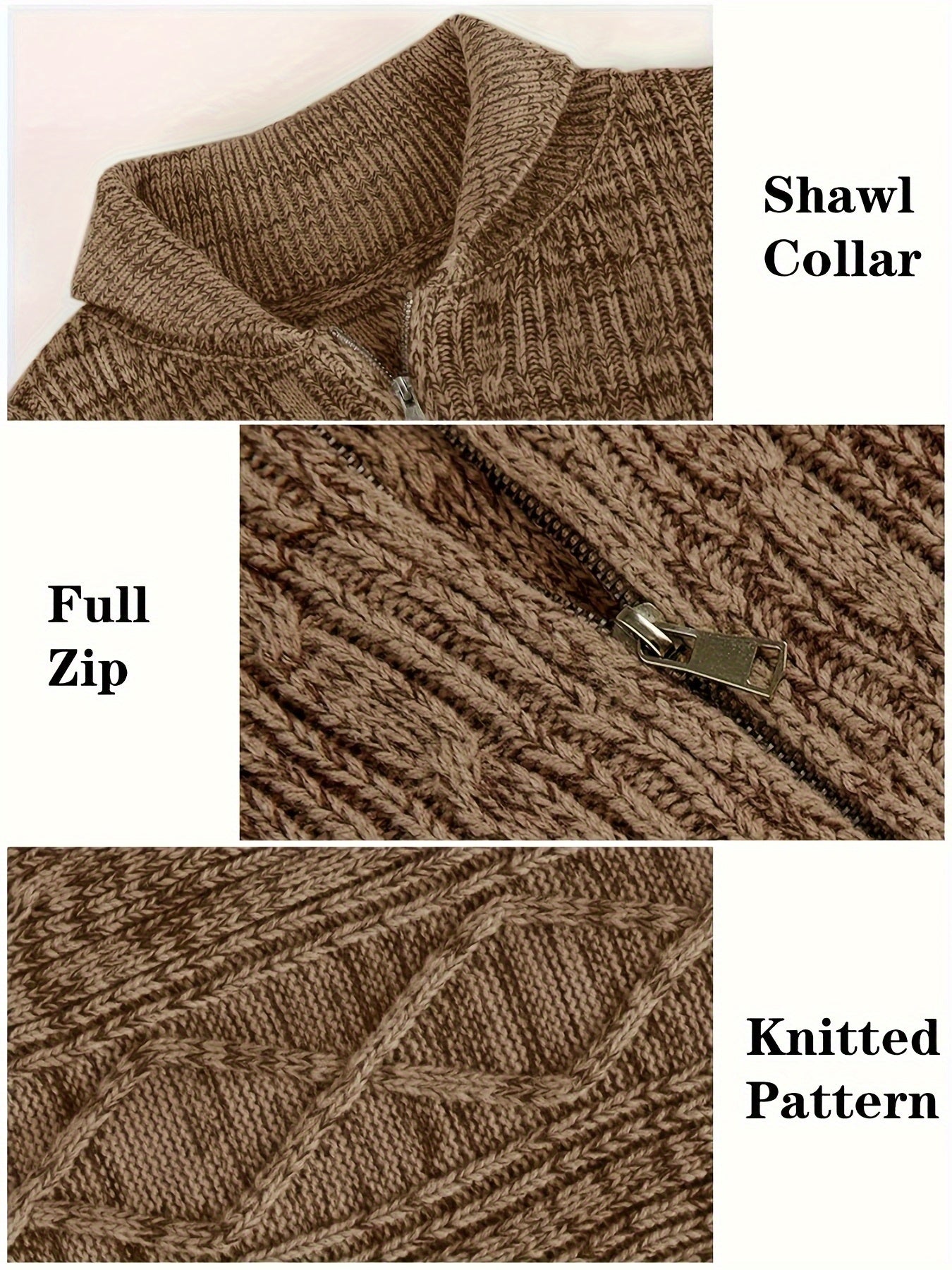 Mens Shawl Neck Cardigan Sweater Cable Knit Zip Up Closure with Pockets Winter Jacket Outerwear
