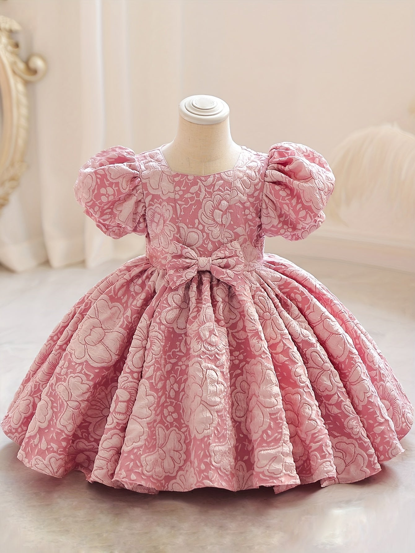 Elegant V-Neck Princess Dress for Girls - All-Season, Lantern Sleeves, Flared Hem & Cute Bow, Perfect for Parties, Pageants & Birthdays