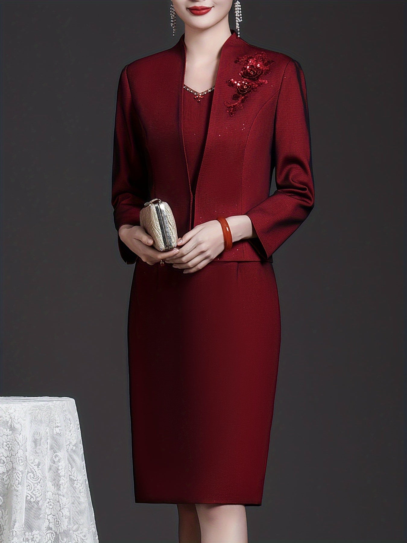 Wine Red Two-piece Dress Set Elegant Slim, Long Sleeve Coat Embroidered Top And Sleeveless Sundress Women