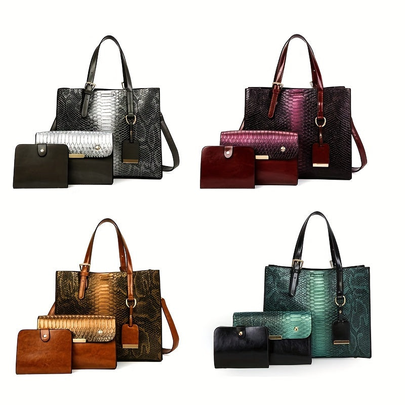 [Vintage Crocodile Handbags] 3-Piece Set Stylish Women's Faux Leather Handbags, Crocodile Pattern Tote With Matching Clutch & Wallet, Vintage Design Crossbody Bag