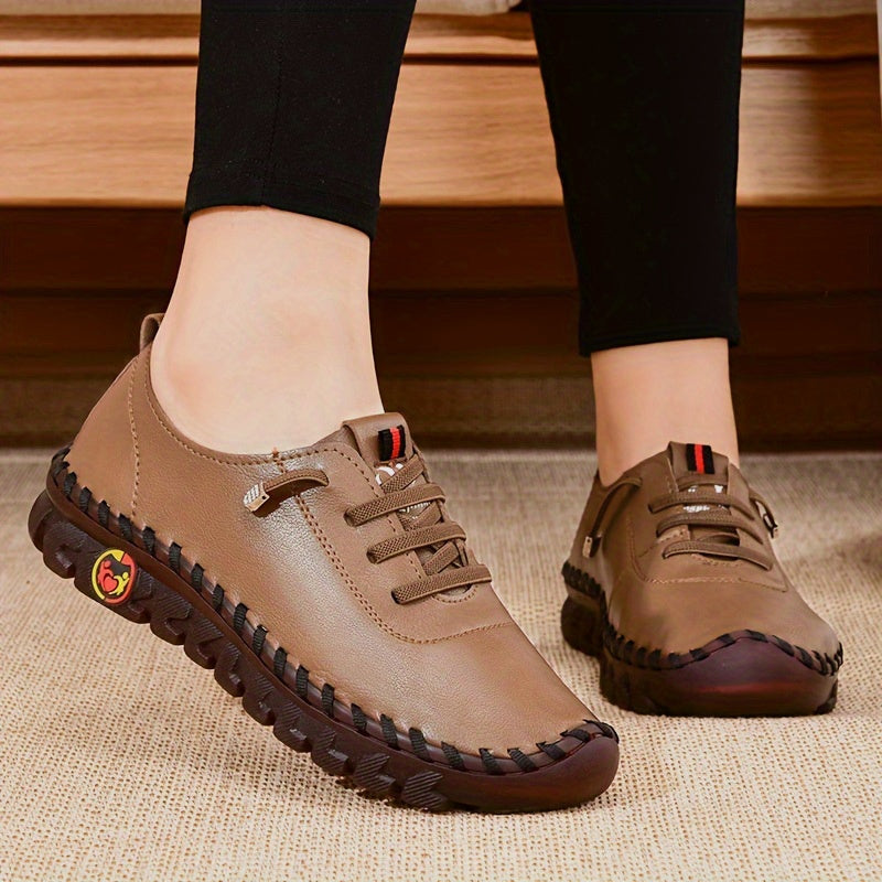 Women's Beige & Burgundy Round-Toe Casual Shoes - All-Season Synthetic Cover-like Upper with Cushioned PVC Sole, Round-Toe Walking Shoes for Square Dance, Dance Practice, Daily Wear - Comfortable Dress Footwear (Hand Washable