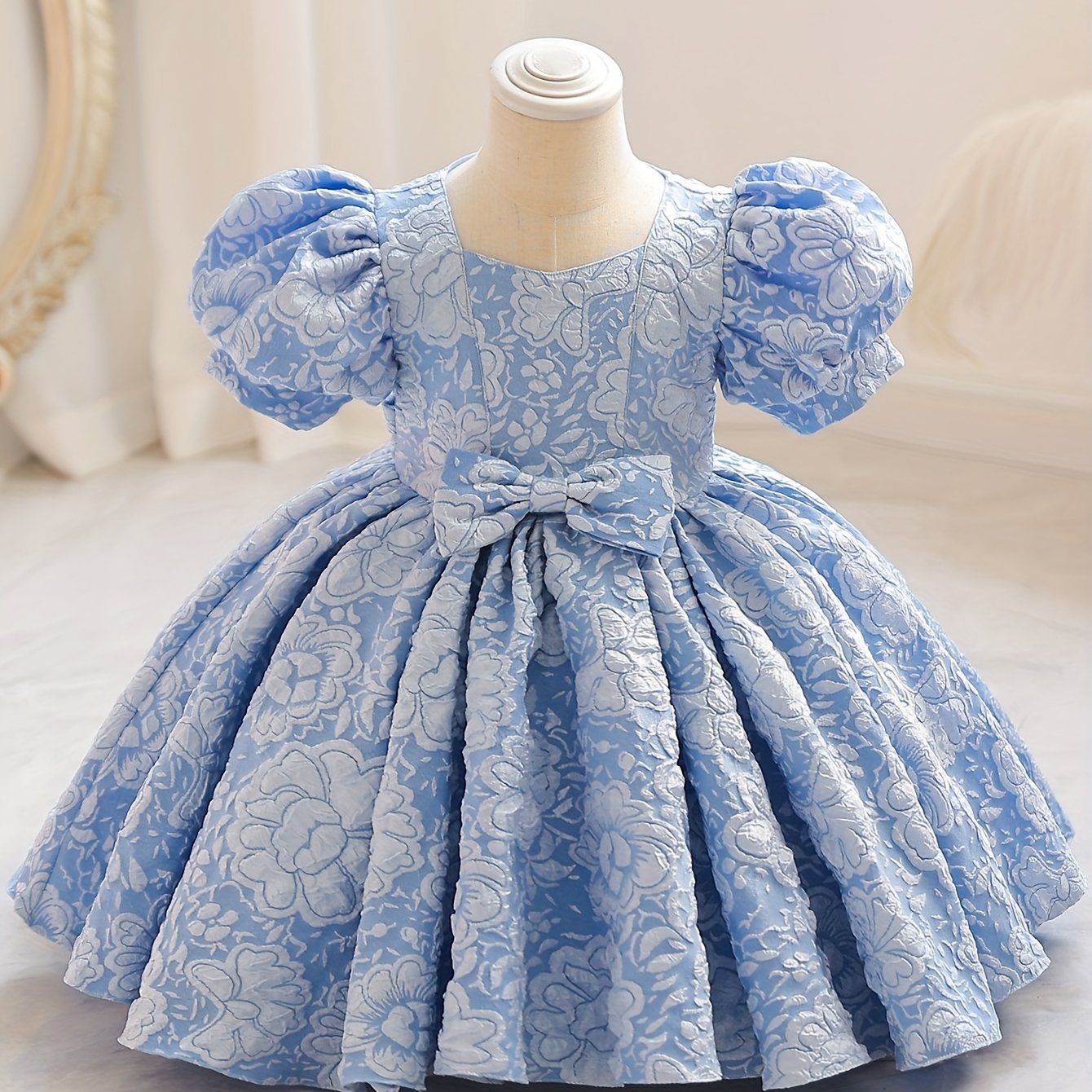 Elegant V-Neck Princess Dress for Girls - All-Season, Lantern Sleeves, Flared Hem & Cute Bow, Perfect for Parties, Pageants & Birthdays