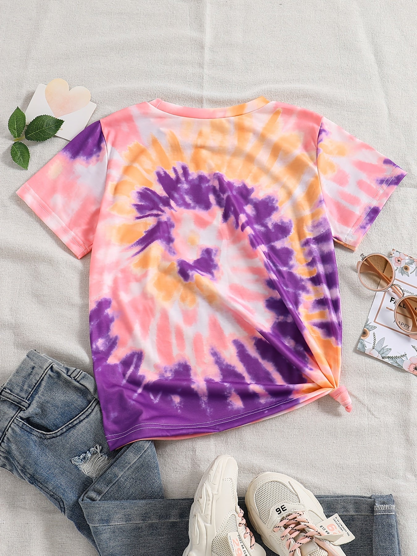 Vibrant Girls' Tie-Dye Graphic Crew Neck T-Shirt - Soft, Lightweight, and Comfortable Fit for Kids - Perfect Summer Tops Clothing for Casual Wear