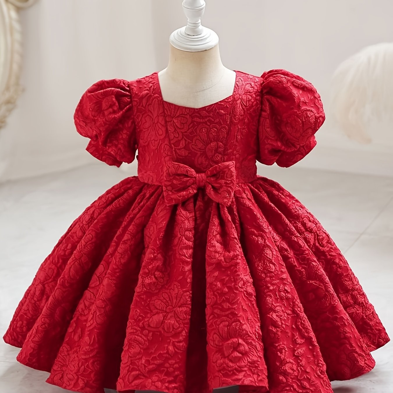Elegant V-Neck Princess Dress for Girls - All-Season, Lantern Sleeves, Flared Hem & Cute Bow, Perfect for Parties, Pageants & Birthdays