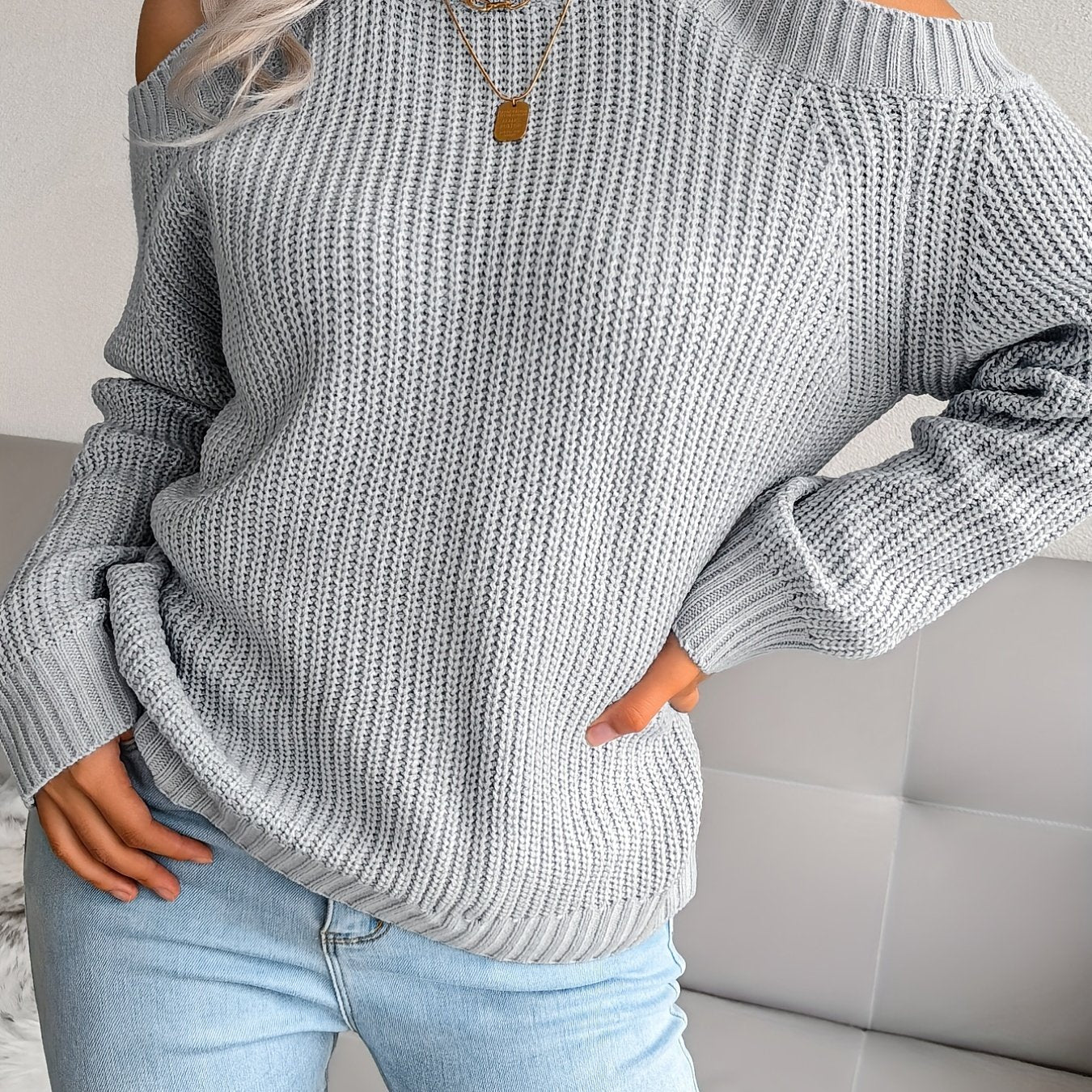 Casual Cold Shoulder Crew Neck Knitted Tops - Solid Color Pullover Sweaters for Women - Everyday Wear