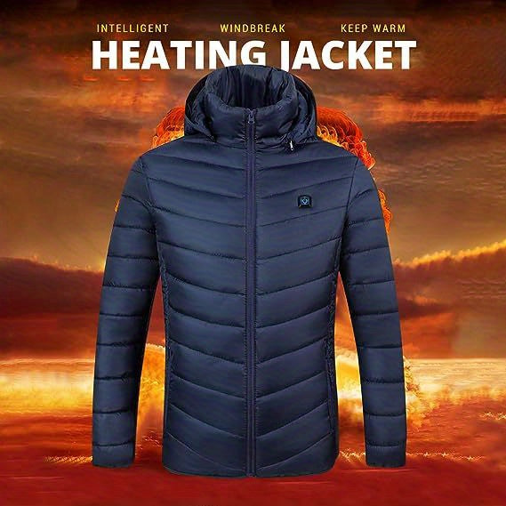 Men's Lightweight Heated Jacket - USB-Powered, Quilted Winter Coat with Adjustable Temperature Control, Zip-Up Hooded Design, Long Sleeves, Outdoor Warmth (Battery Not Included), Winter Jacket