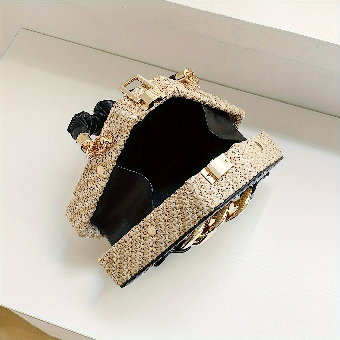 [Woven Handbag | Golden-Tone] Women's Woven Handbag | Golden-Tone Hardware & Chain Strap | Hexagonal Box Purse in Black/Beige | Durable Paper Material & Lining | Elegant Everyday & Formal Events | Crossbody or Handheld Bag |