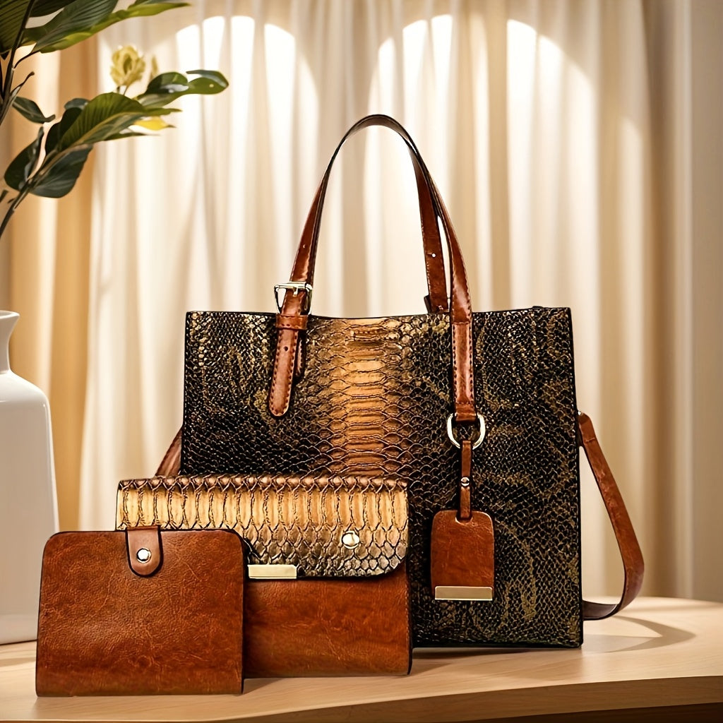 [Vintage Crocodile Handbags] 3-Piece Set Stylish Women's Faux Leather Handbags, Crocodile Pattern Tote With Matching Clutch & Wallet, Vintage Design Crossbody Bag