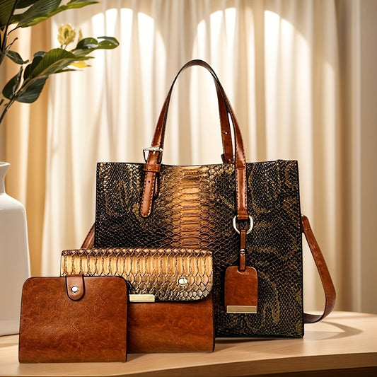 [Vintage Crocodile Handbags] 3-Piece Set Stylish Women's Faux Leather Handbags, Crocodile Pattern Tote With Matching Clutch & Wallet, Vintage Design Crossbody Bag