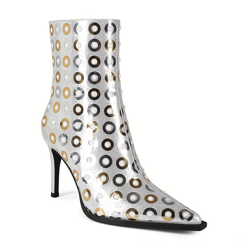 2025 Fashion Women's Shoes Pointed Toe Thin High Heel Short Boots Sequin Classic Silvery Fabric Colorful Sequins