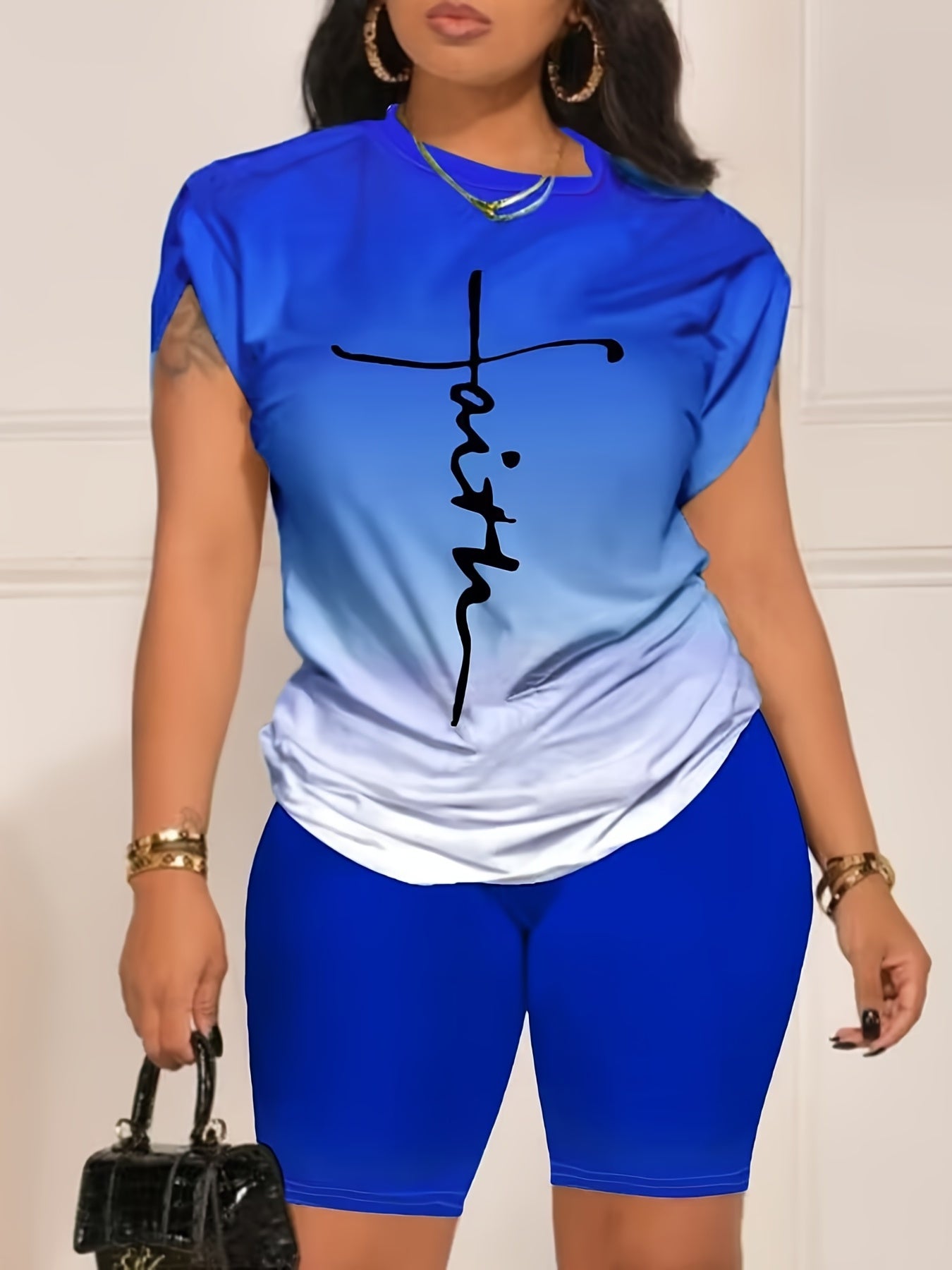 Casual Daily Two-piece Set, Faith Letter Print Short Sleeve Tops & Solid Shorts Outfits, Women's Clothing