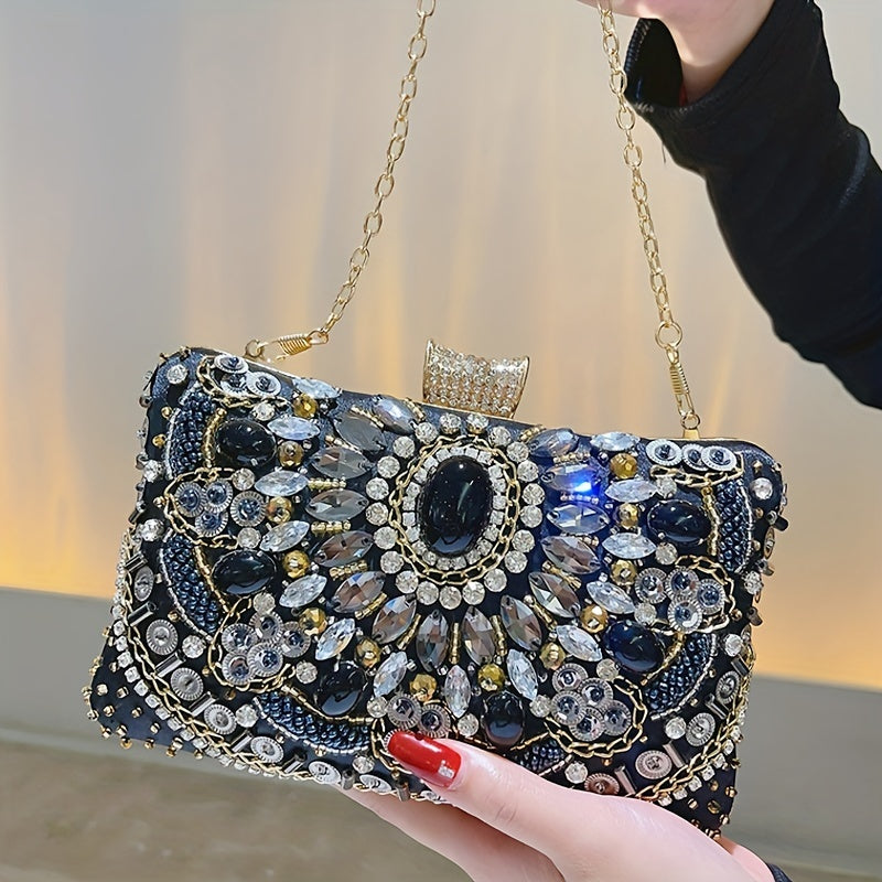 [One Beaded Rhinestone Evening Bag] Beaded Rhinestone Evening Bag, Elegant Box Clutch Purse, Women's Wedding Handbags For Party Prom