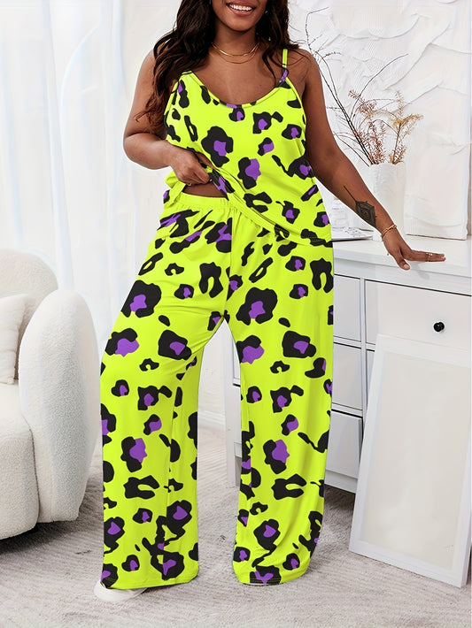 Women'S Plus Size Leopard Print Sleeveless Top & Pants Set - Casual Summer Sleepwear with Adjustable Straps, Vibrant Yellow & Black Animal Print, Comfortable Loungewear for Relaxing at Home, Leopard Print Clothing, Relaxed Fi