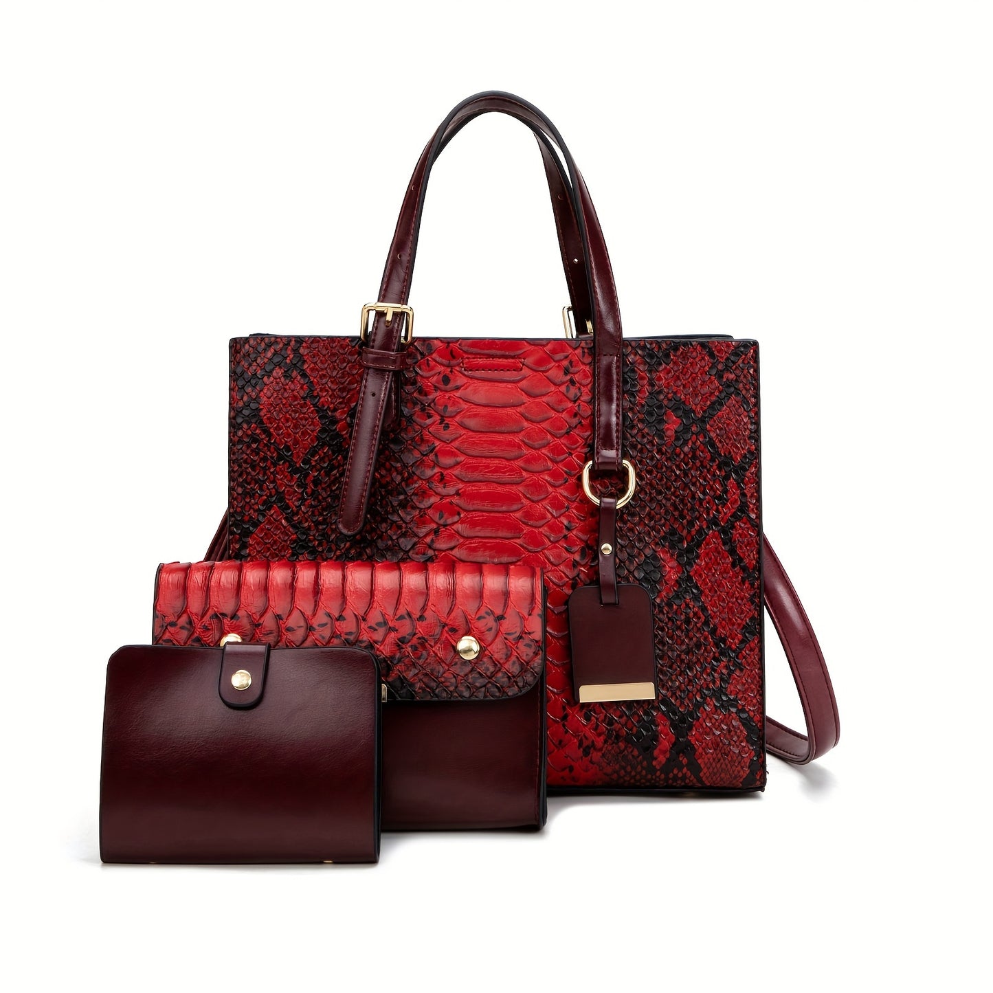 [Vintage Crocodile Handbags] 3-Piece Set Stylish Women's Faux Leather Handbags, Crocodile Pattern Tote With Matching Clutch & Wallet, Vintage Design Crossbody Bag