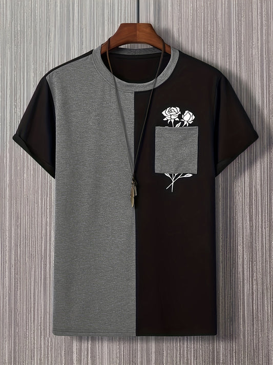 Roses Color Block Print Tee Shirt, Tee For Men, Casual Short Sleeve T-shirt For Summer Spring Fall, Tops As Gifts