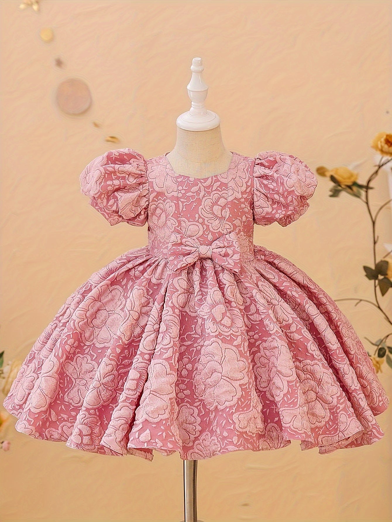 Elegant V-Neck Princess Dress for Girls - All-Season, Lantern Sleeves, Flared Hem & Cute Bow, Perfect for Parties, Pageants & Birthdays