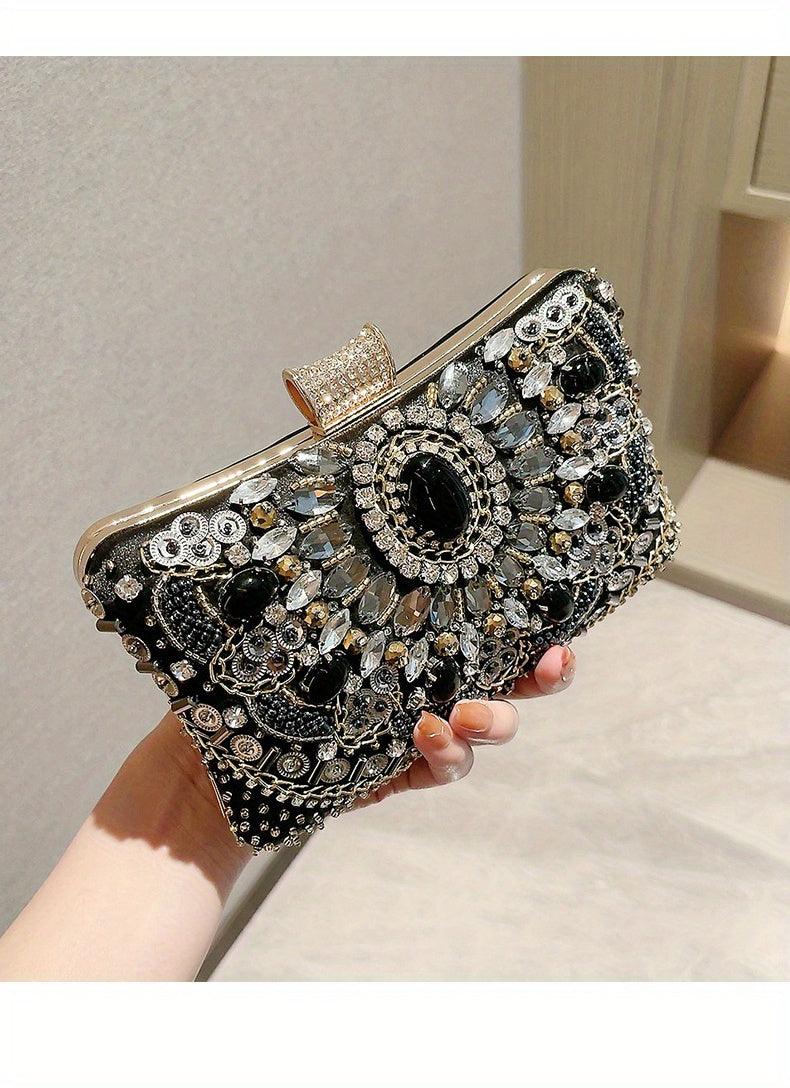 [One Beaded Rhinestone Evening Bag] Beaded Rhinestone Evening Bag, Elegant Box Clutch Purse, Women's Wedding Handbags For Party Prom