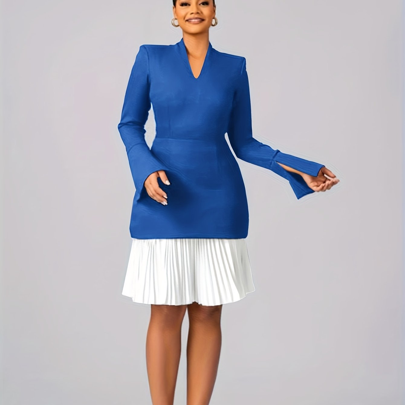 [Waist-Cinched Two-Piece Dress] Waist-Cinched V-Neck Blue and White Two-Piece Dress | Women's Color Block Pleated Skirt, Long Sleeve Midi Workwear Flare Dress for Office Style