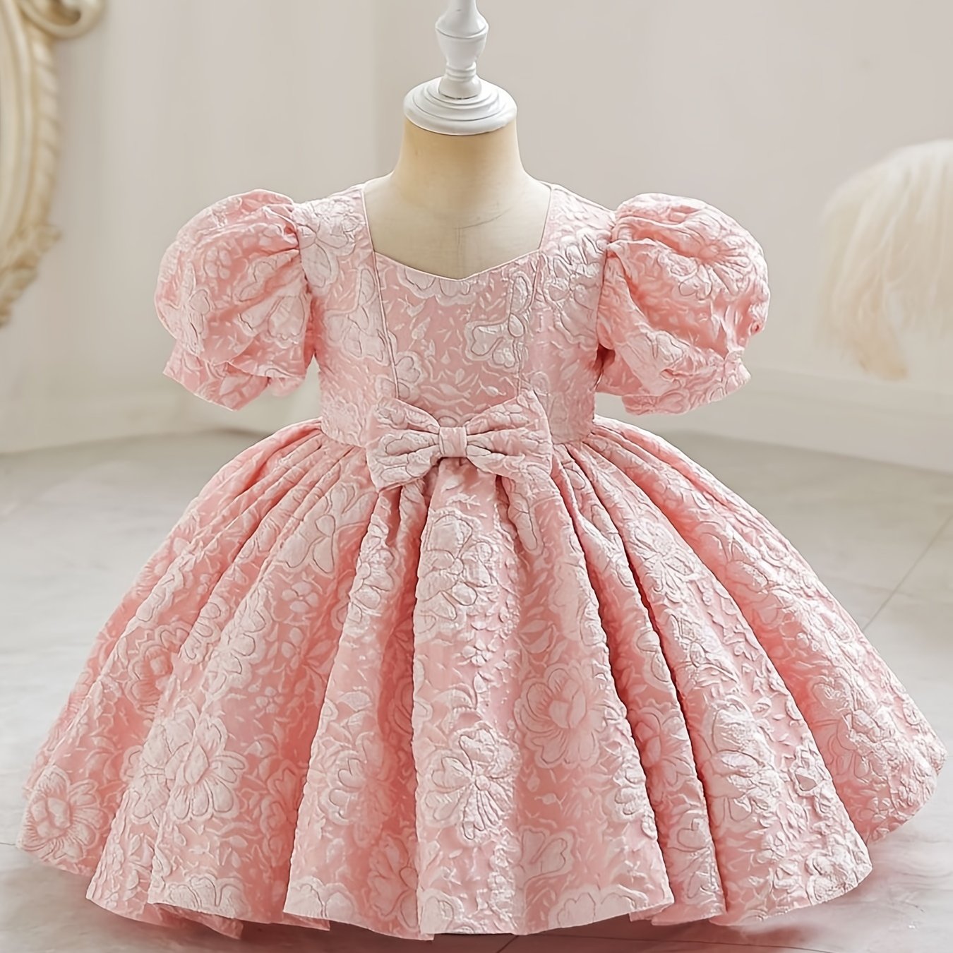 Elegant V-Neck Princess Dress for Girls - All-Season, Lantern Sleeves, Flared Hem & Cute Bow, Perfect for Parties, Pageants & Birthdays