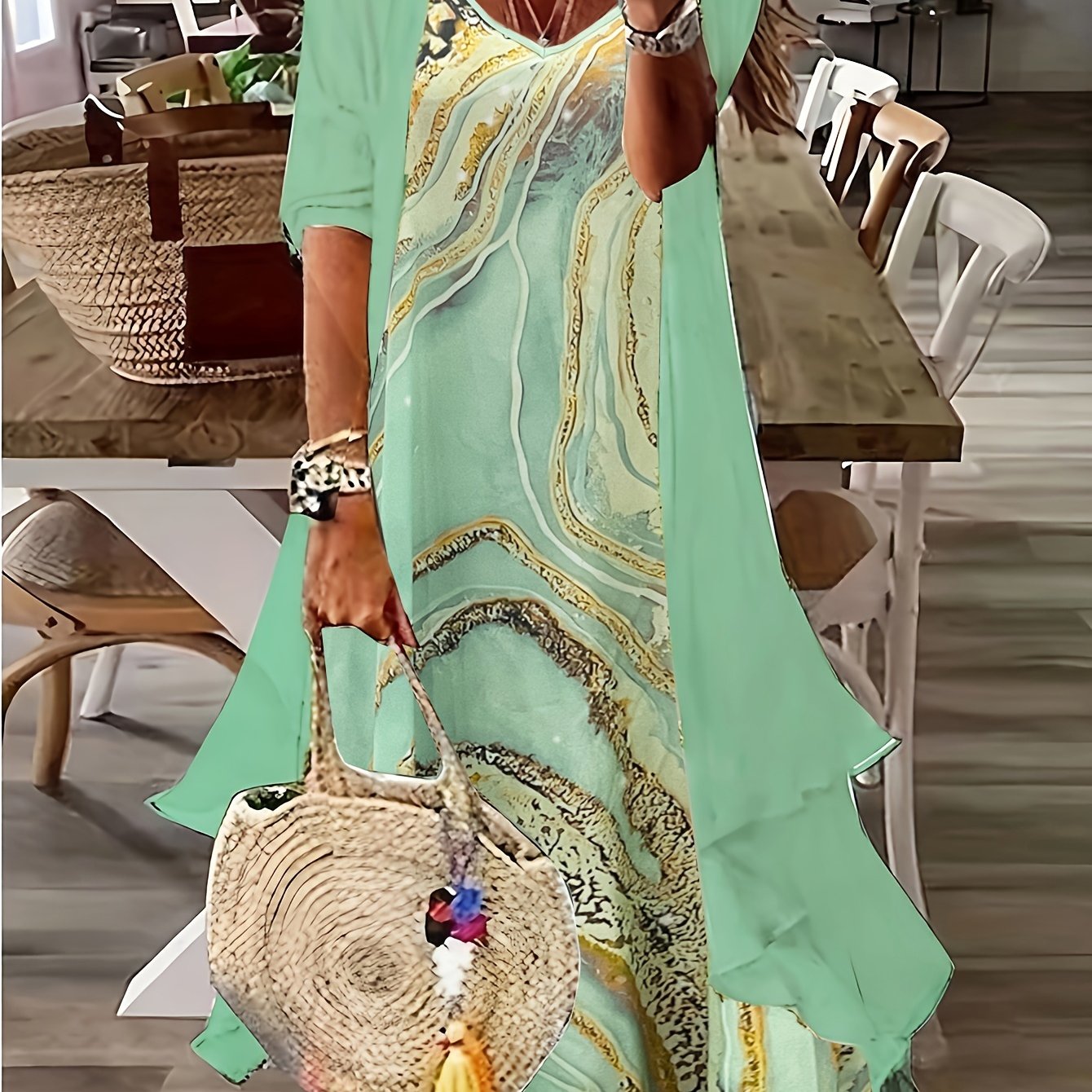 Chic Two-Piece Dress Set - Elegant Loose Fit with Solid Long Sleeve Coat & Marble-Printed Sleeveless Spaghetti Strap Dress, Perfect for Versatile Style and Comfort