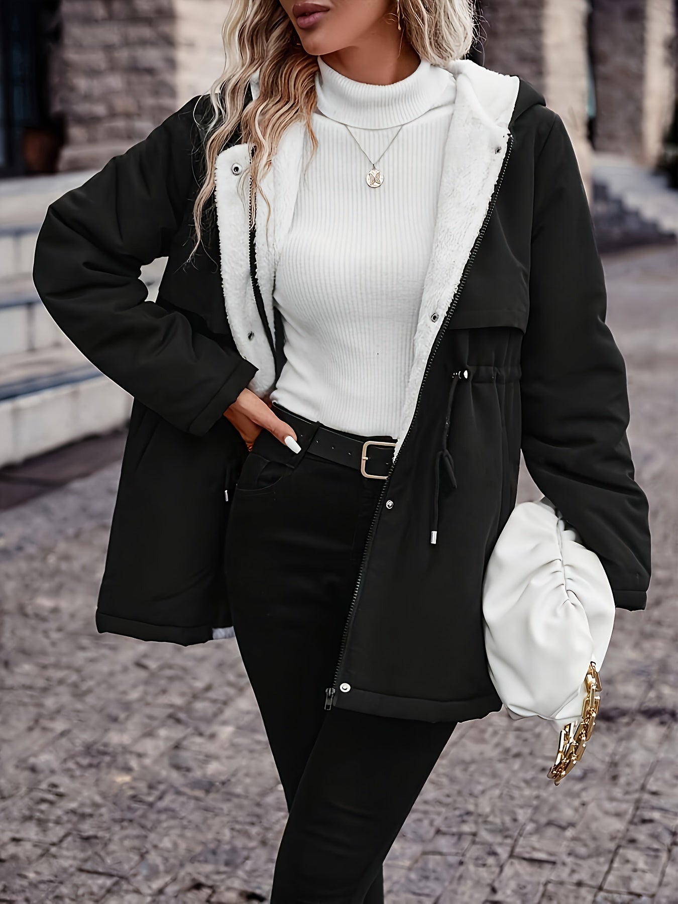 [Cozy Fleece-Lined Winter Coat] Warm, Thick Women's Cozy Fleece-Lined Hooded Winter Coat | Zip-Up Hood & Drawstring Waist | Black, Perfect for Cold Weather, Winter Jacket