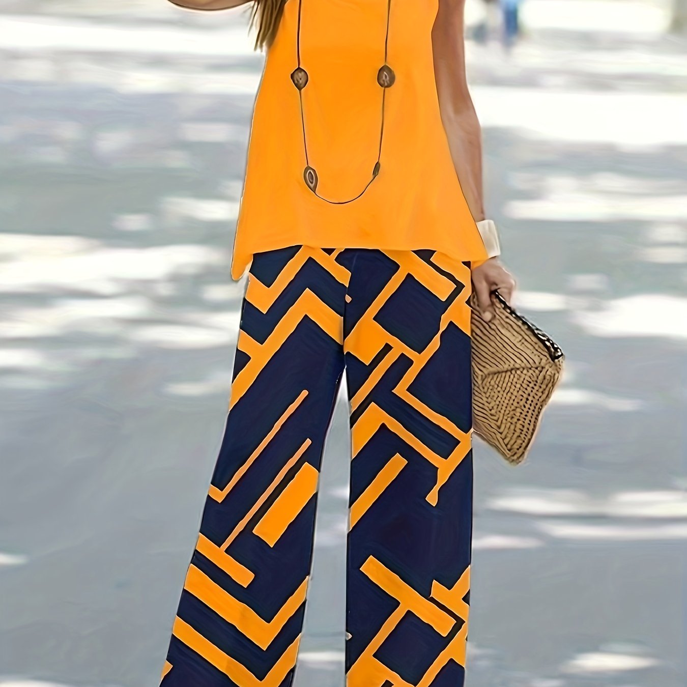 Chic Womens Two-piece Set - Sleeveless Vest Tops with Geo Print Wide Leg Pants - Casual Spring & Fall Outfit for Effortless Style