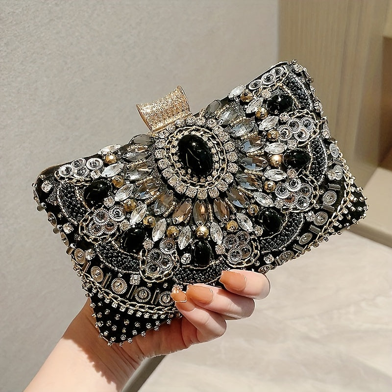 [One Beaded Rhinestone Evening Bag] Beaded Rhinestone Evening Bag, Elegant Box Clutch Purse, Women's Wedding Handbags For Party Prom