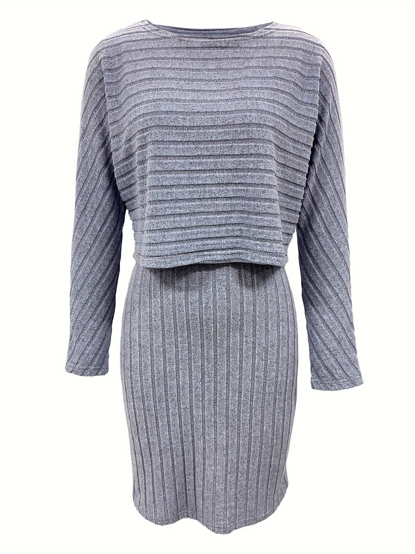 Y2K Solid Two-piece Dress Set, Long Sleeve Crew Neck Sweater & Sleeveless Ribbed Tank Dress Outfits, Women's Clothing