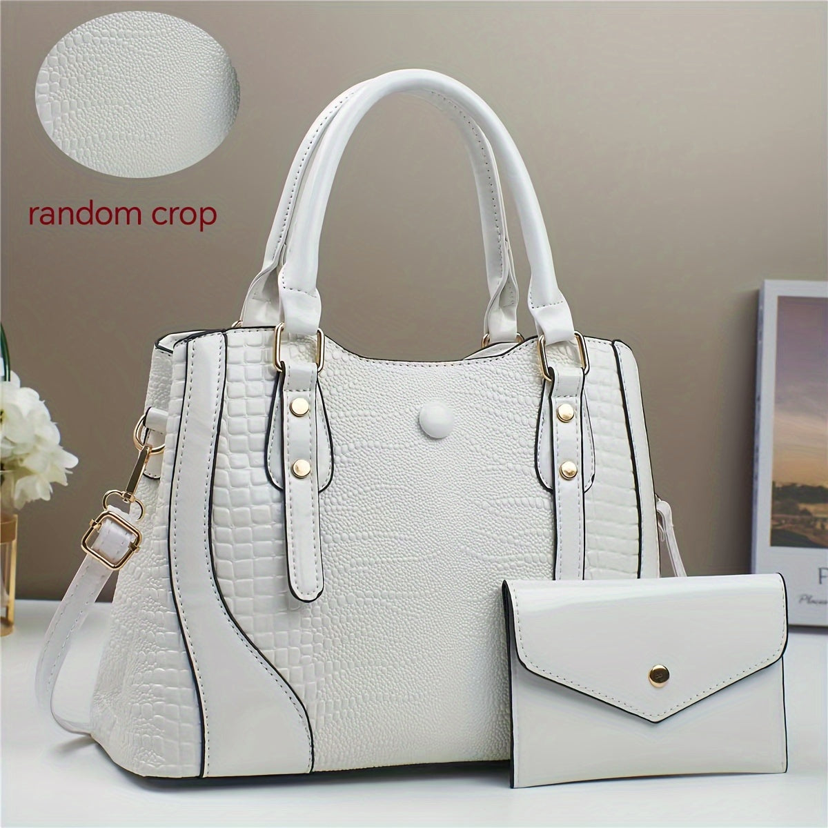 2-Piece Set Crocodile-Embossed PU Leather Handbags, Large Capacity Retro Style Bag, Fashionable Tote & Crossbody Bag For Women With Shoulder Strap