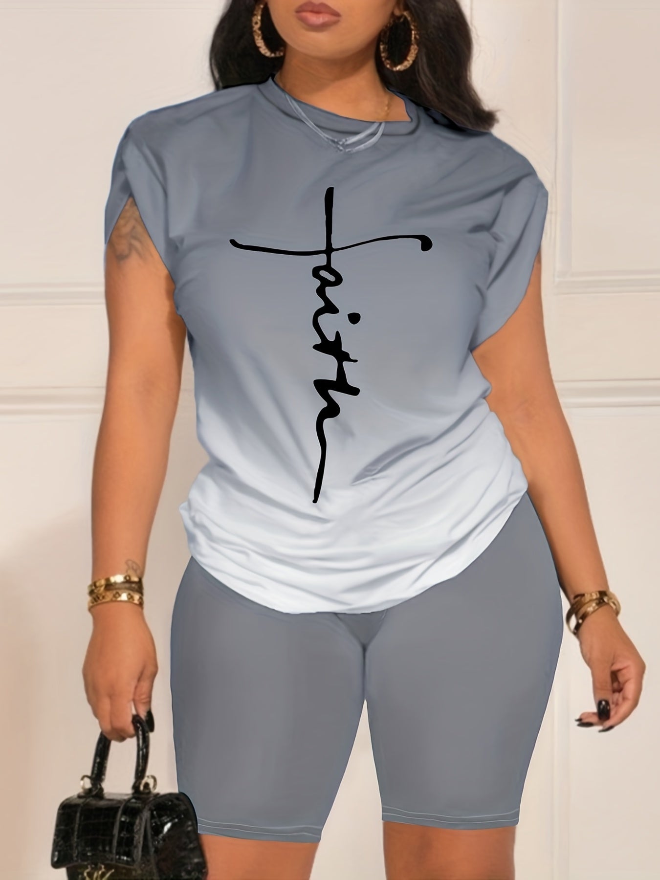 Casual Daily Two-piece Set, Faith Letter Print Short Sleeve Tops & Solid Shorts Outfits, Women's Clothing