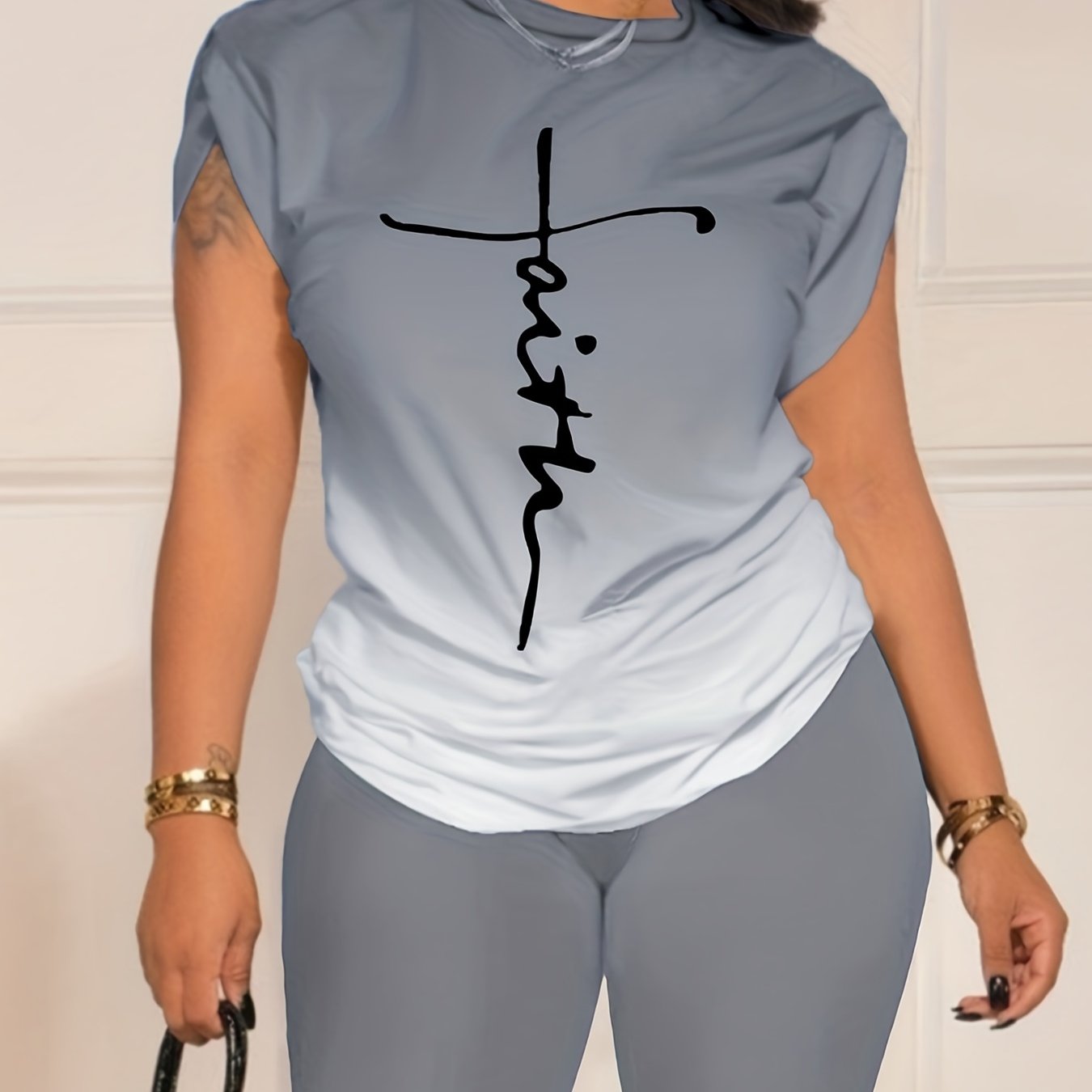 Casual Daily Two-piece Set, Faith Letter Print Short Sleeve Tops & Solid Shorts Outfits, Women's Clothing