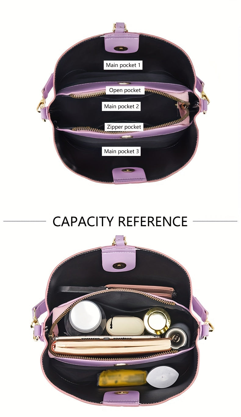 Trendy Ombre Bucket Bag, Letter Print Handbag, Fashion Buckle Decor Handbags, Women'S Every Day Purses