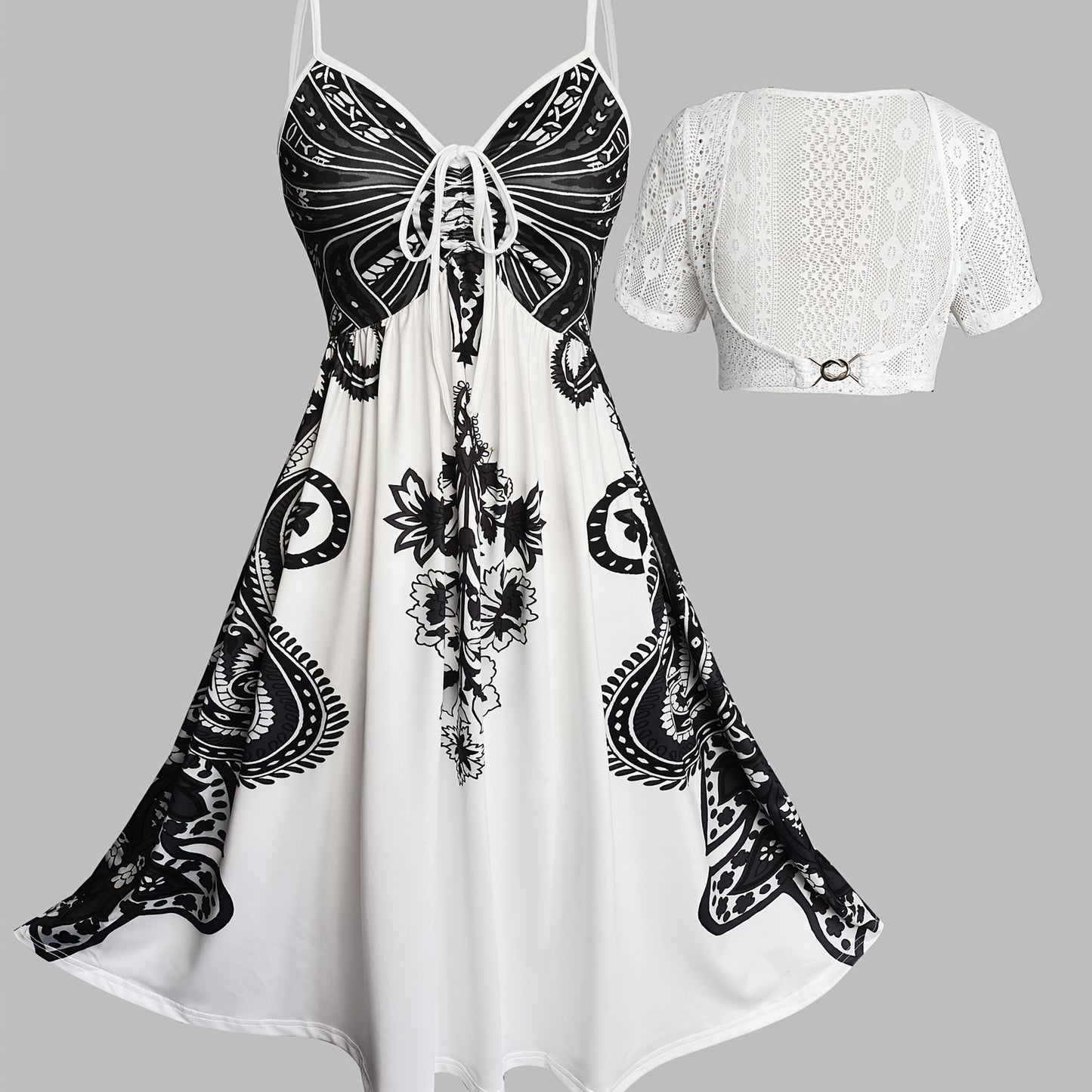 Vacation Ethnic Positioning Print Strap Skirt with Crochet Hollow Lace Short Outerwear Dress Two-Piece Set, Totem Print Vacation Two-Piece Dress Set, Spring and Summer Wearable Dress Two-Piece Set