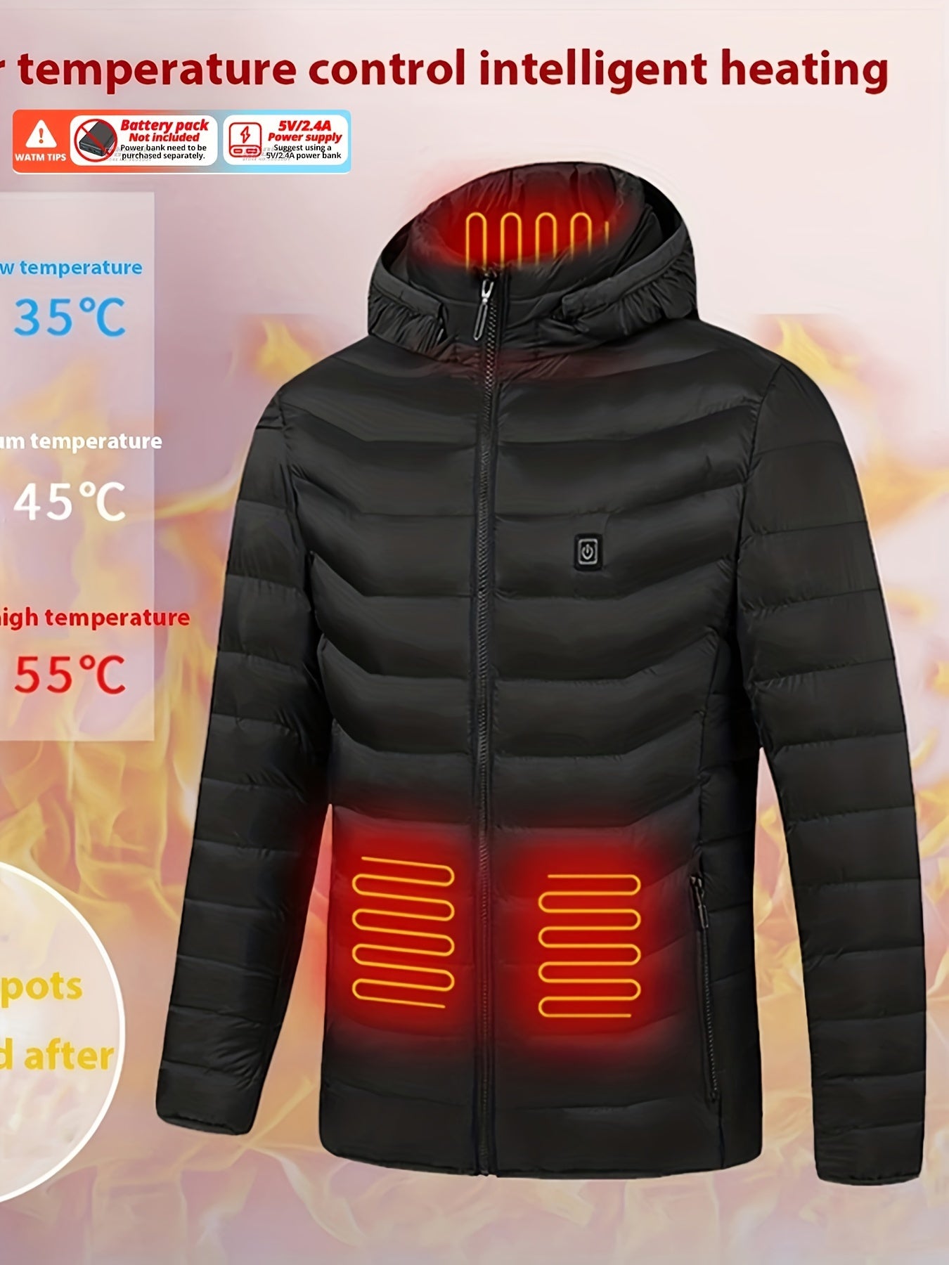 Men's Lightweight Heated Jacket - USB-Powered, Quilted Winter Coat with Adjustable Temperature Control, Zip-Up Hooded Design, Long Sleeves, Outdoor Warmth (Battery Not Included), Winter Jacket