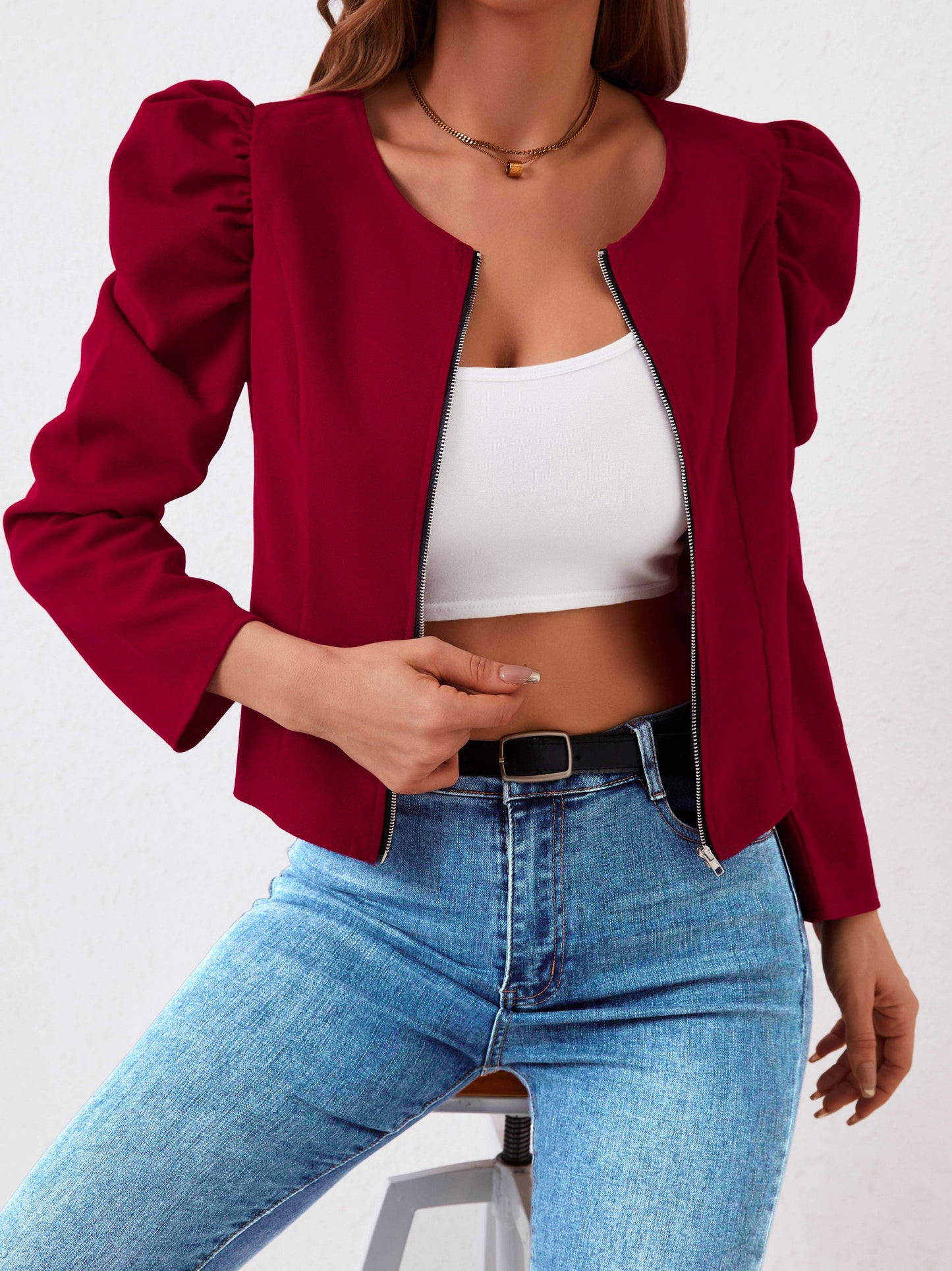Women's Chic Vintage Bomber - Casual Zip-Up Crew Neck, Durable Solid Winter Jacket, Non-Sheer Woven Outerwear