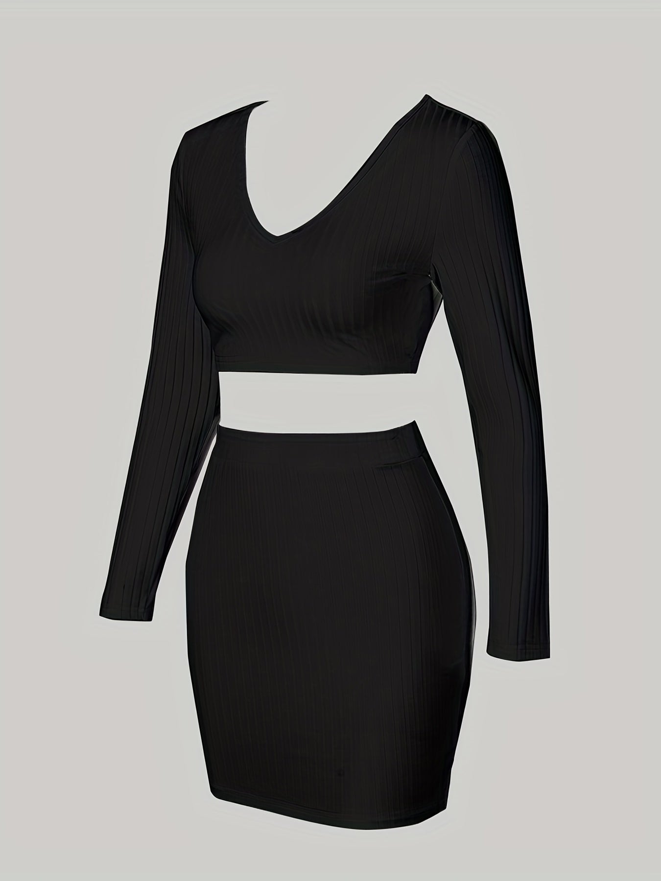 Two-piece Set, Long Sleeve V Neck Crop Tops & Bag Hip Skirts Outfits, Solid Sexy Women's Clothing