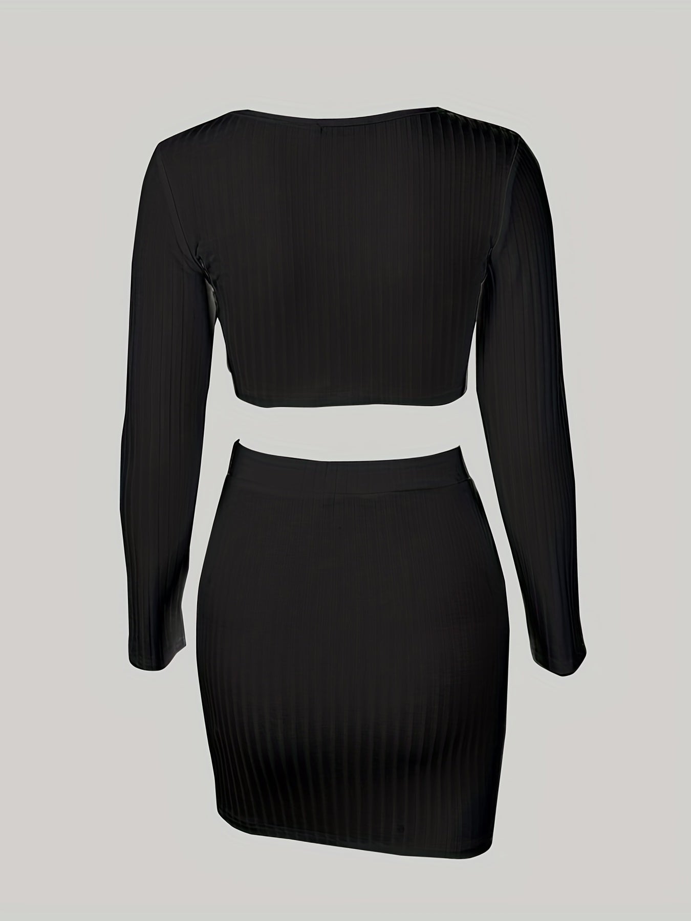 Two-piece Set, Long Sleeve V Neck Crop Tops & Bag Hip Skirts Outfits, Solid Sexy Women's Clothing