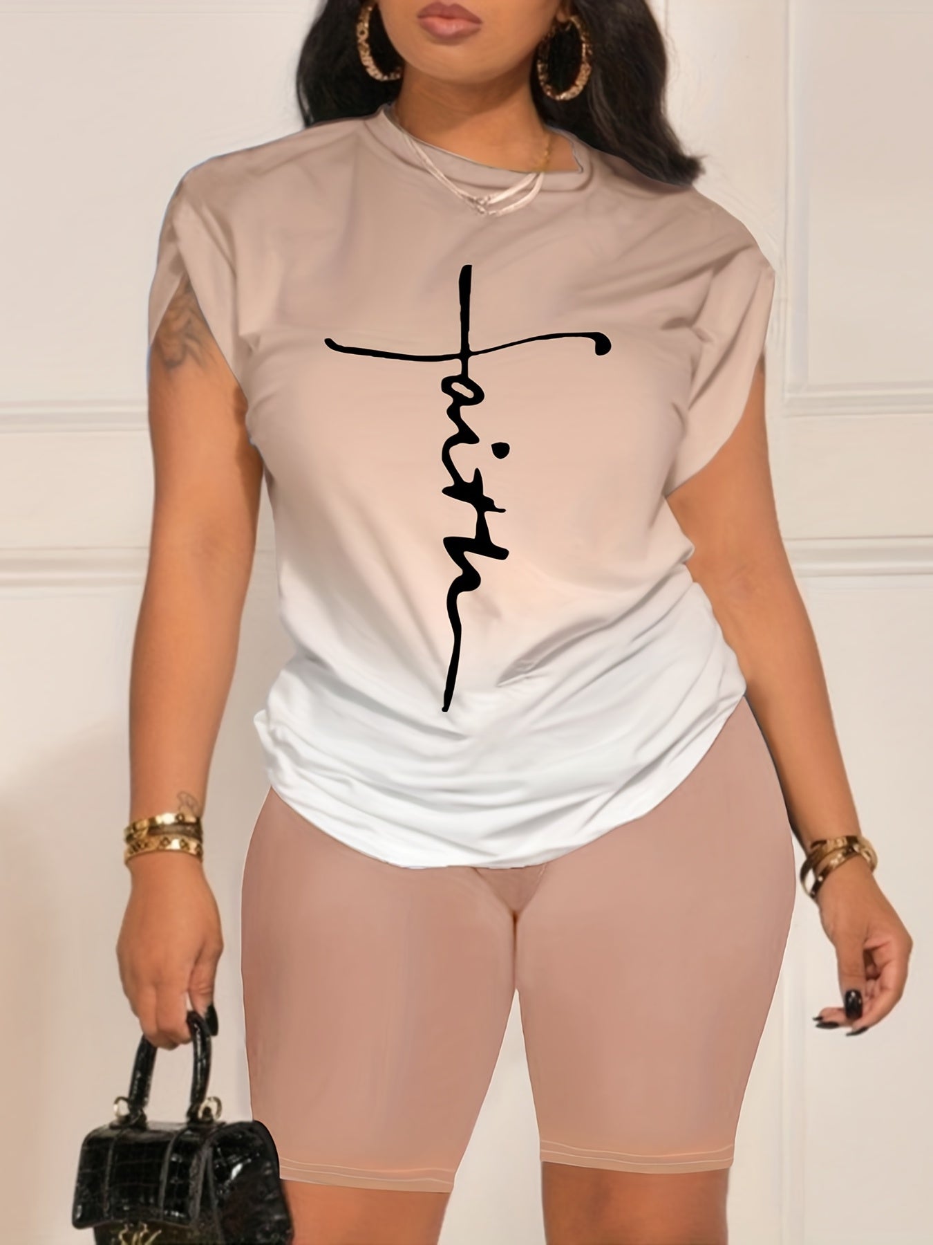 Casual Daily Two-piece Set, Faith Letter Print Short Sleeve Tops & Solid Shorts Outfits, Women's Clothing