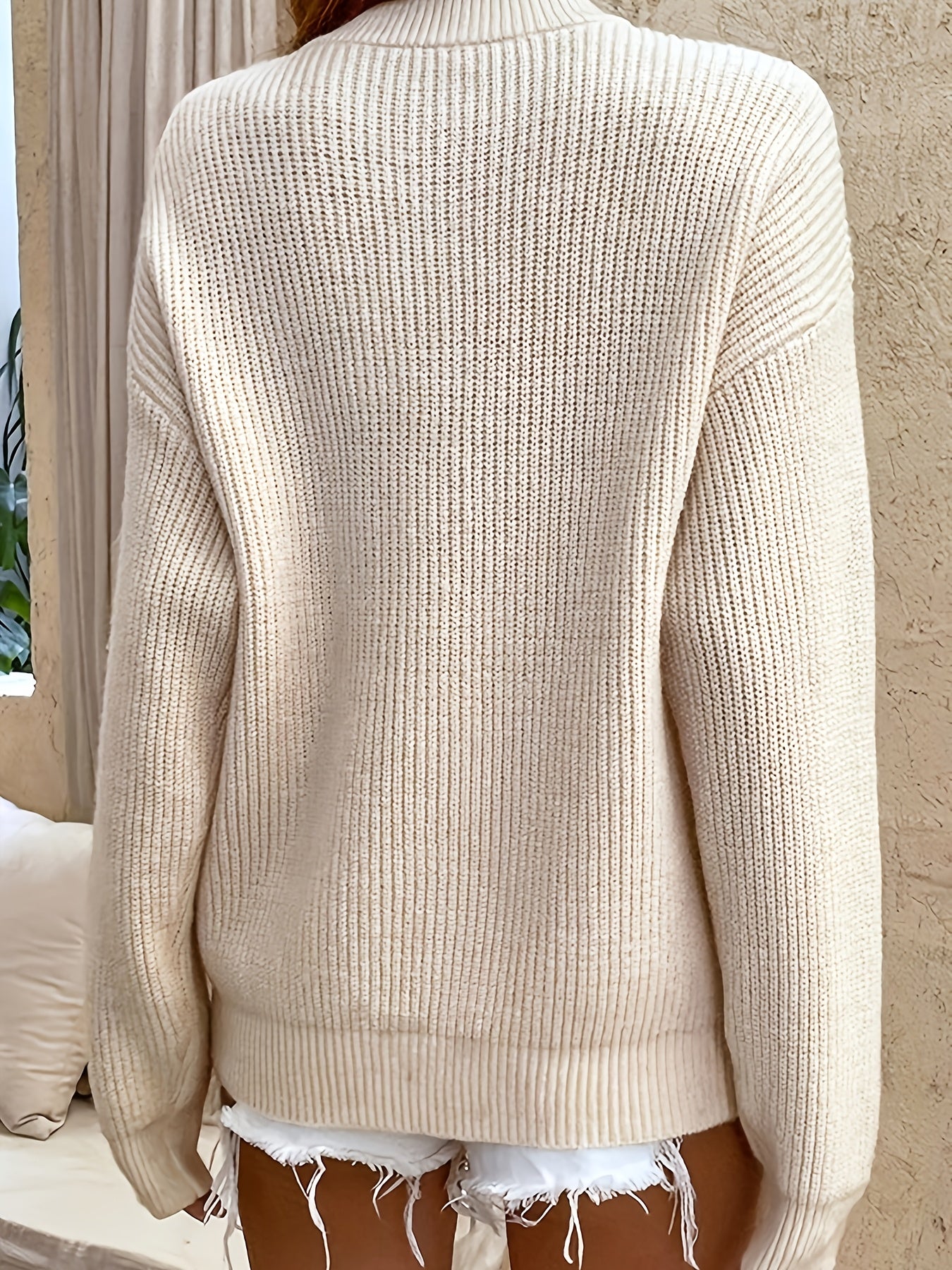 Women's Casual Pullover Sweater with Button Detail - Soft Round Neck Long Sleeve Solid Color Cozy Fall Winter Tops, Sweater, Autumn Wardrobe, Durable Knitwear