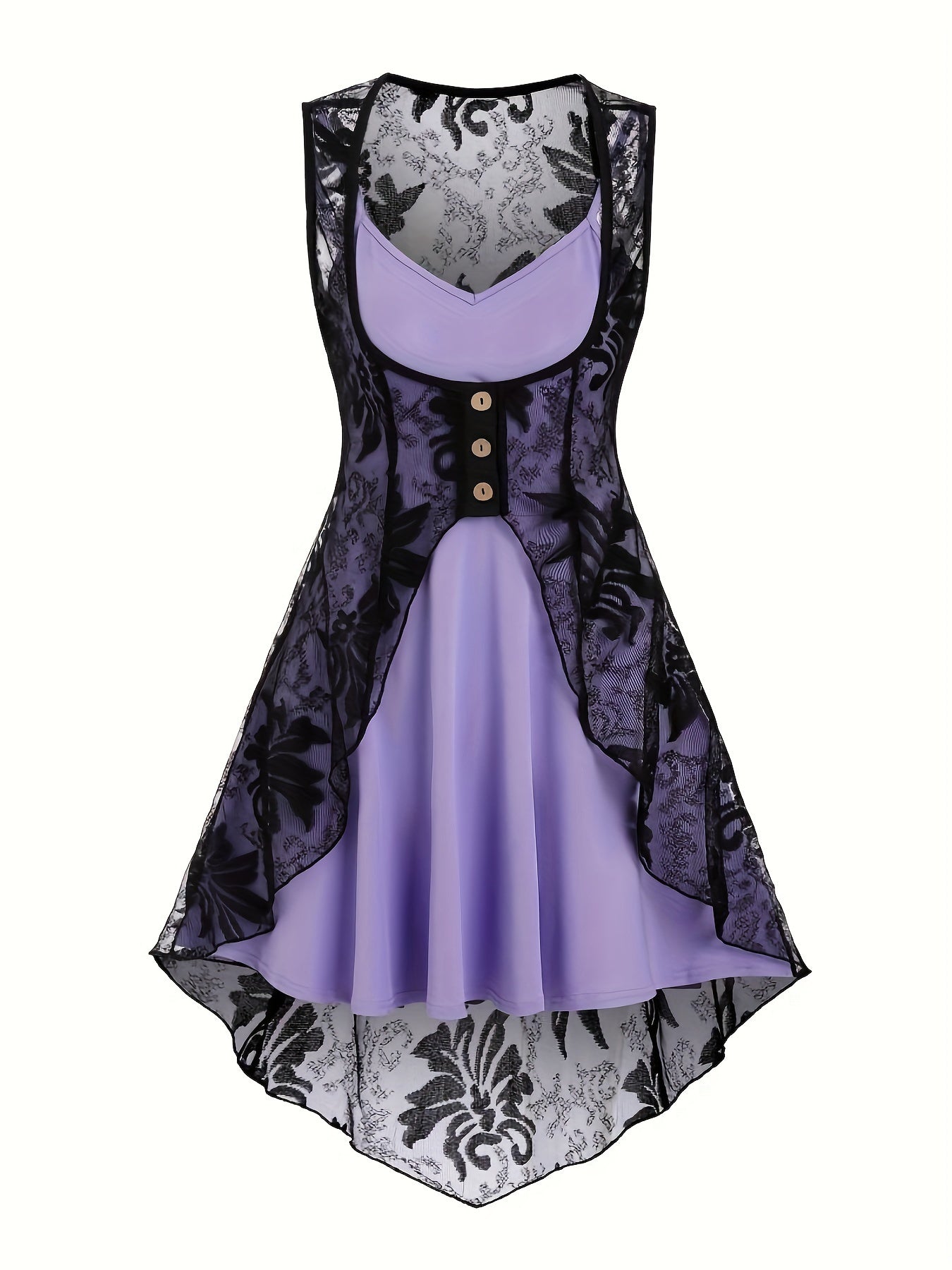 [Two-piece V Neck Dress Set] Casual Flare Two-piece Dress Set, V Neck Sleeveless Cami Dress & Button Front Asymmetric Hem Lace Top Outfits, Women's Clothing