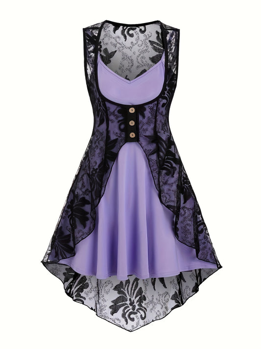 [Two-piece V Neck Dress Set] Casual Flare Two-piece Dress Set, V Neck Sleeveless Cami Dress & Button Front Asymmetric Hem Lace Top Outfits, Women's Clothing