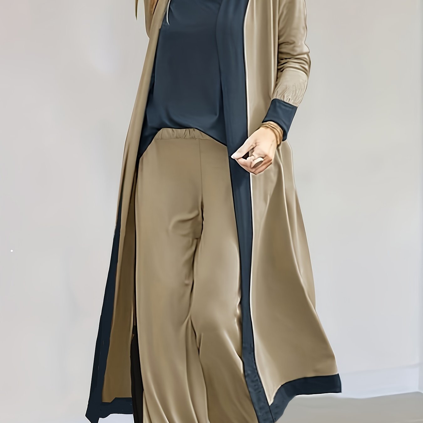 Chic Color Block Three-Piece Outfit Set - Comfy Cardigan, Flattering V-Neck Tops & Flowy Pants - Womens Casual Fashion Wardrobe Staple