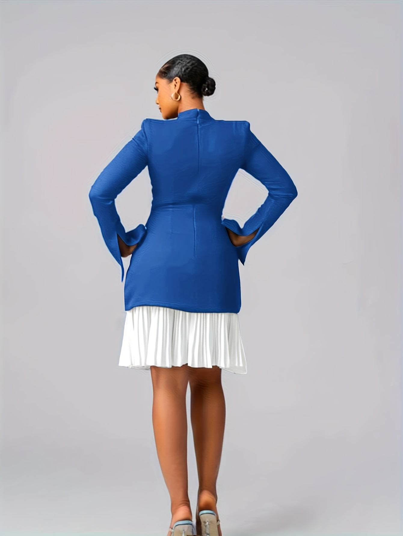 [Waist-Cinched Two-Piece Dress] Waist-Cinched V-Neck Blue and White Two-Piece Dress | Women's Color Block Pleated Skirt, Long Sleeve Midi Workwear Flare Dress for Office Style