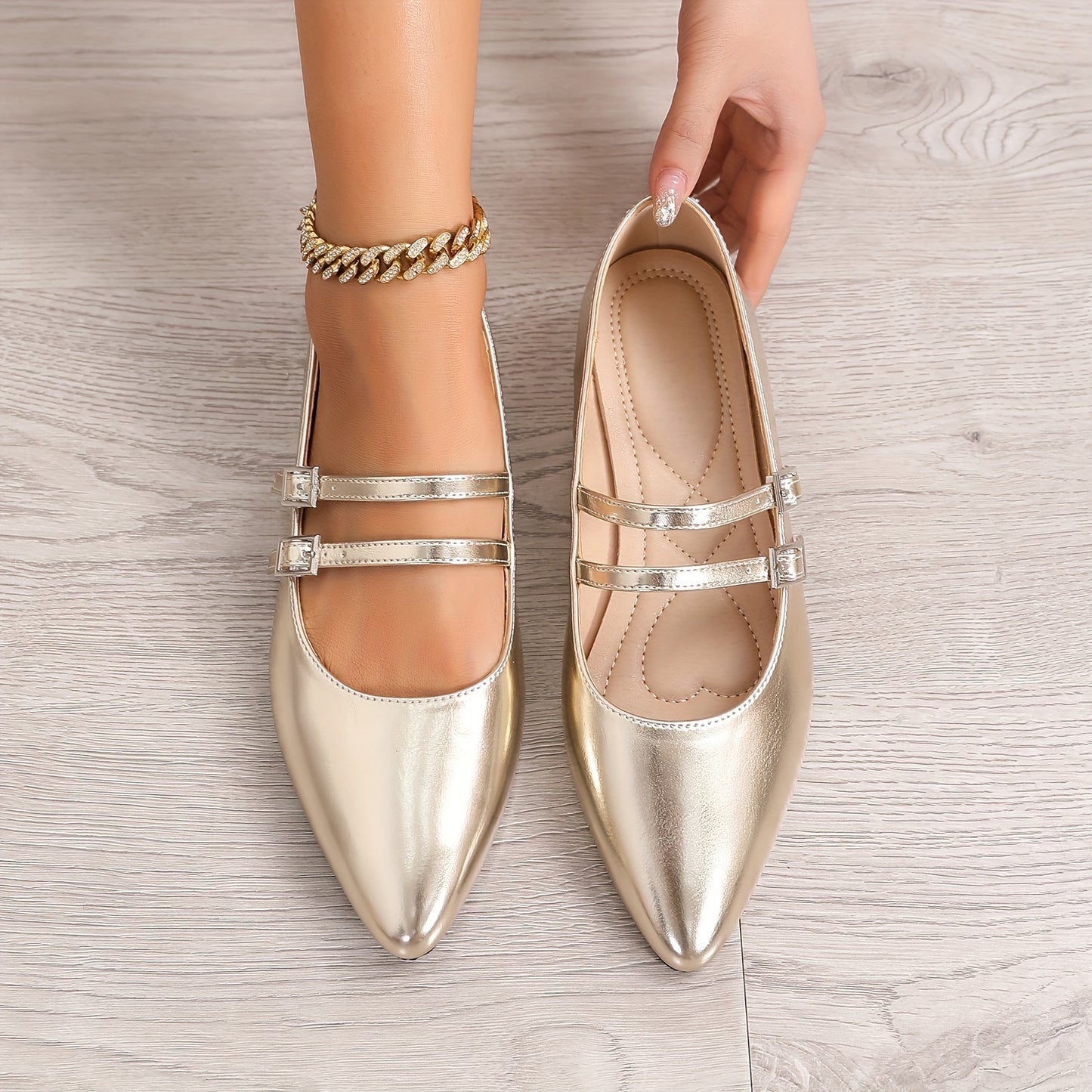 Pointed Red Single Shoes for Women Mary Jane Flat Versatile Retro Soft Cover with One-Word Buckle and Airy Choker Light Mouth Golden French Women's Shoes