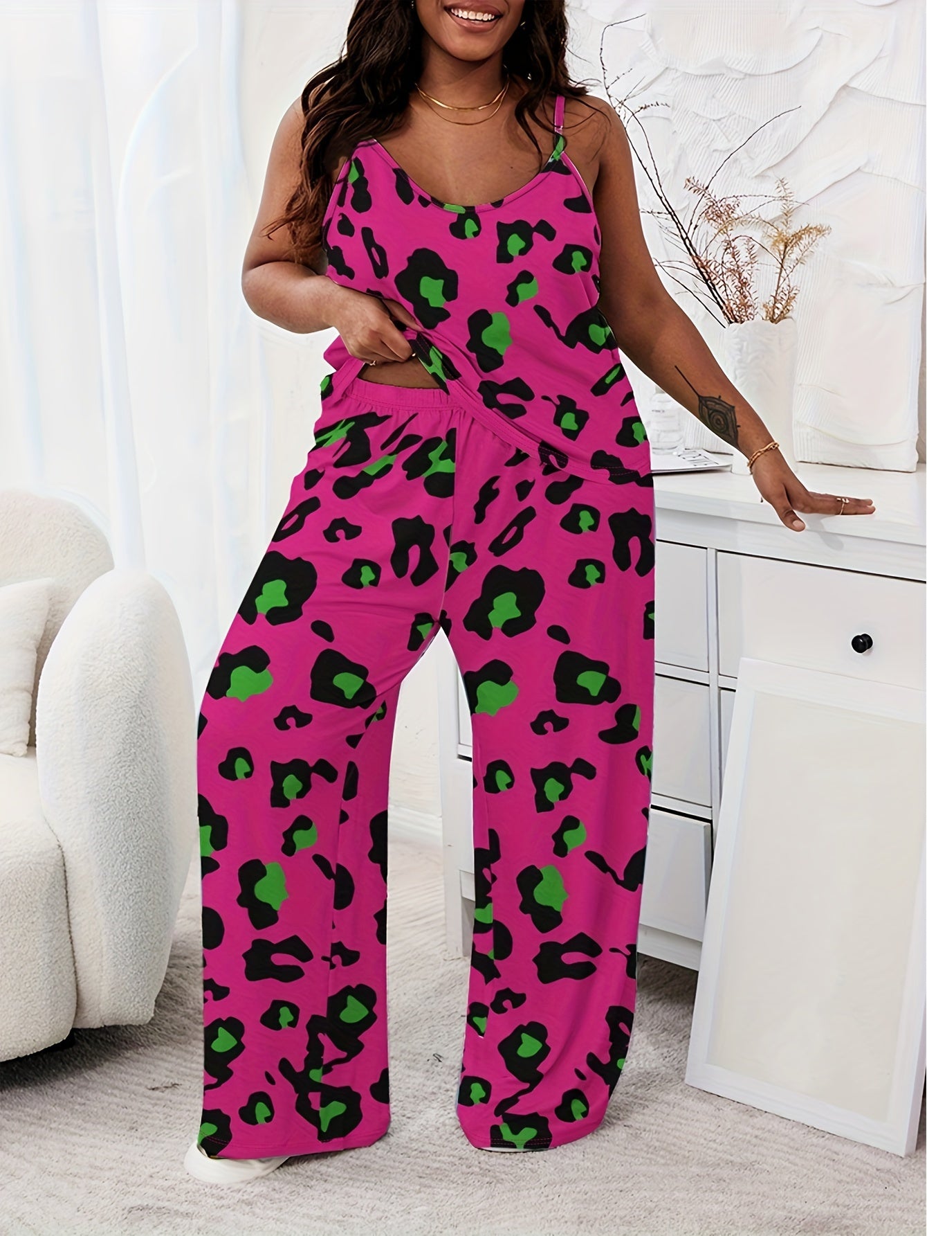 Women'S Plus Size Leopard Print Sleeveless Top & Pants Set - Casual Summer Sleepwear with Adjustable Straps, Vibrant Yellow & Black Animal Print, Comfortable Loungewear for Relaxing at Home, Leopard Print Clothing, Relaxed Fi