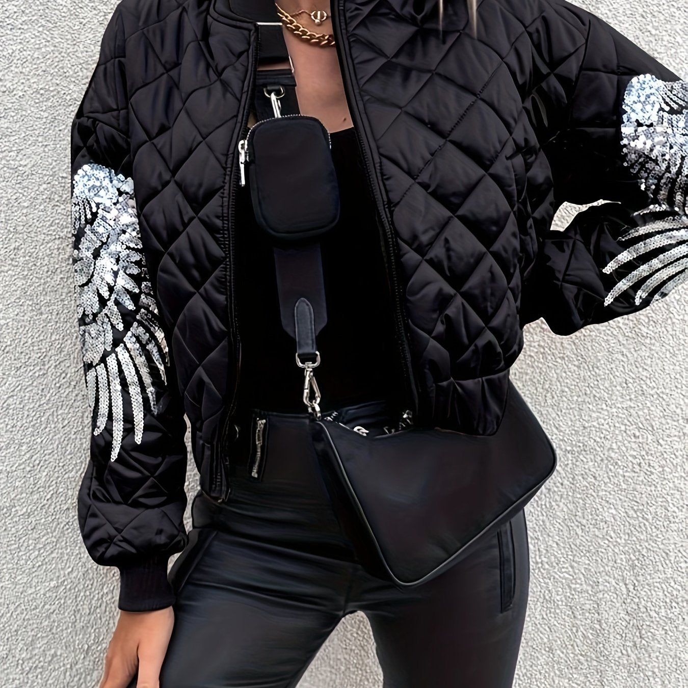 Stylish Black Quilted Winter Jacket with Sequin Sleeve Accents, Stand Collar, and Front Zipper - Polyester Casual Coat for Fall and Winter, Winter Clothes