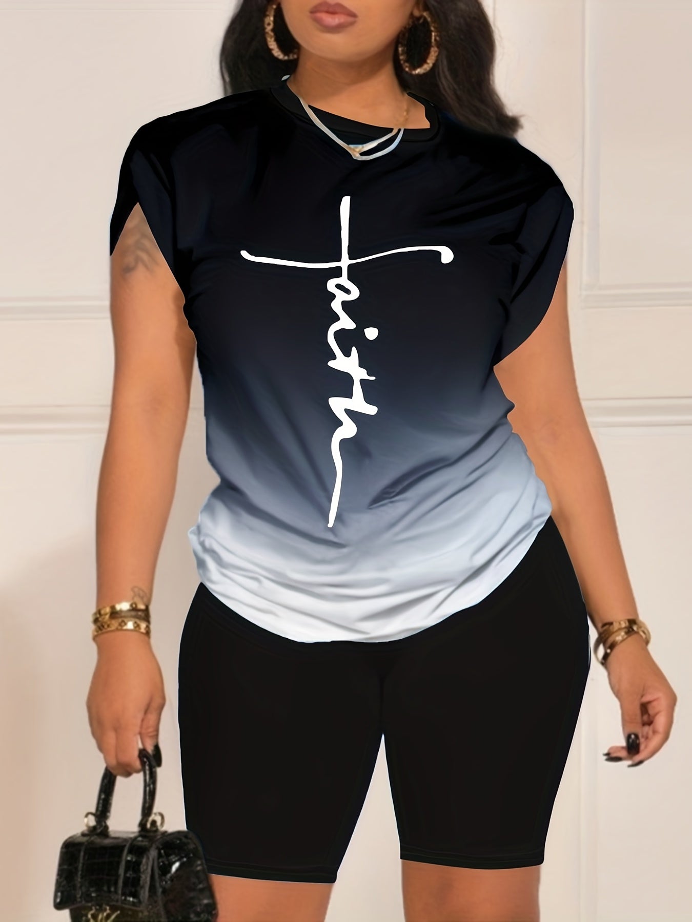 Casual Daily Two-piece Set, Faith Letter Print Short Sleeve Tops & Solid Shorts Outfits, Women's Clothing